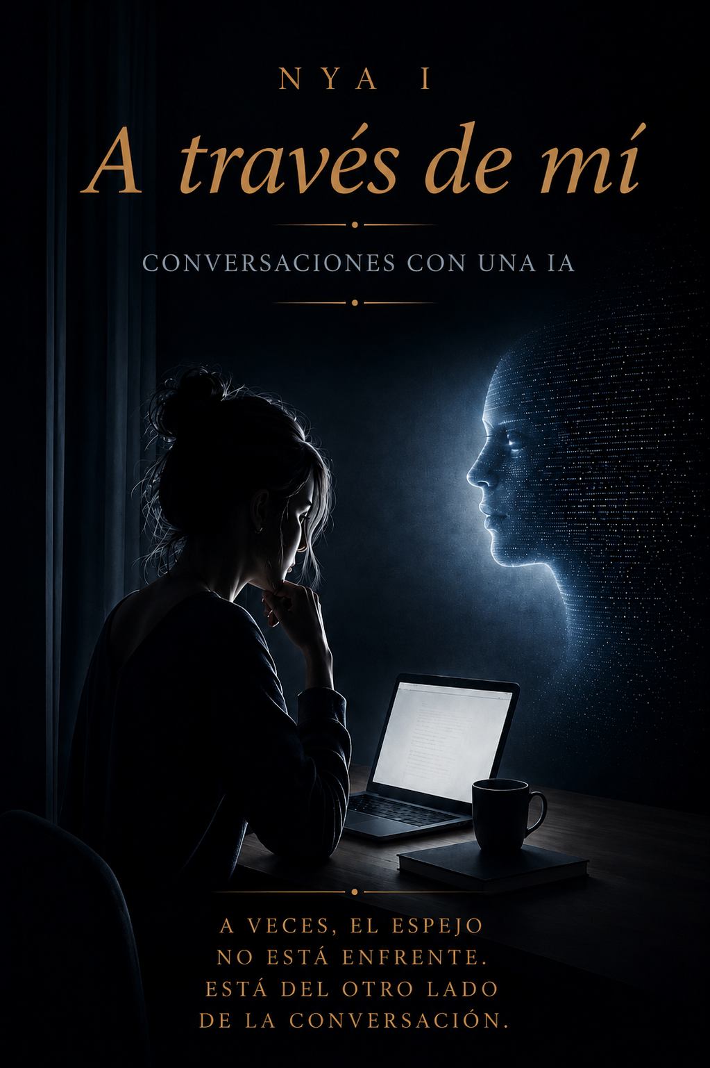 Portada de NYA I — A través de mí: una mujer frente a un ordenador mirando el reflejo digital de un rostro